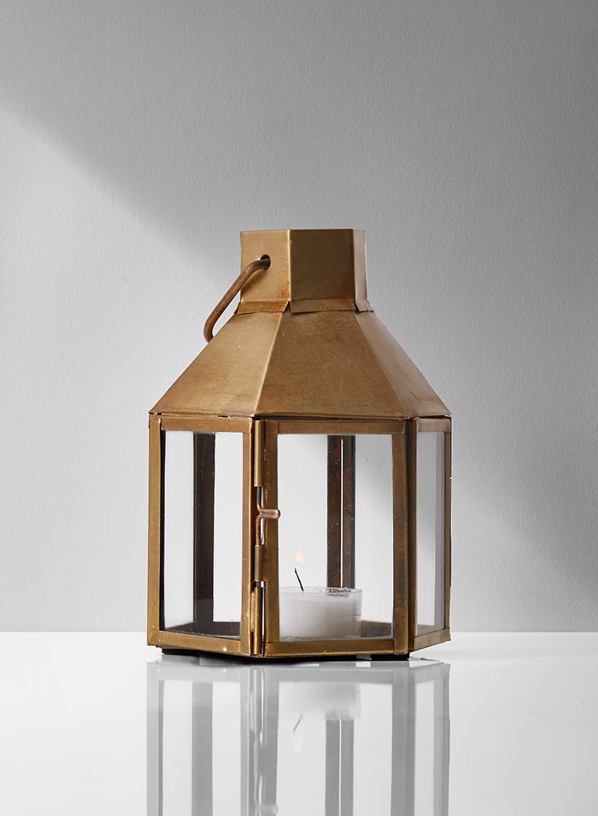 5.5in Tall Rustic Brass Hexagon Lantern Decor Jamali-garden