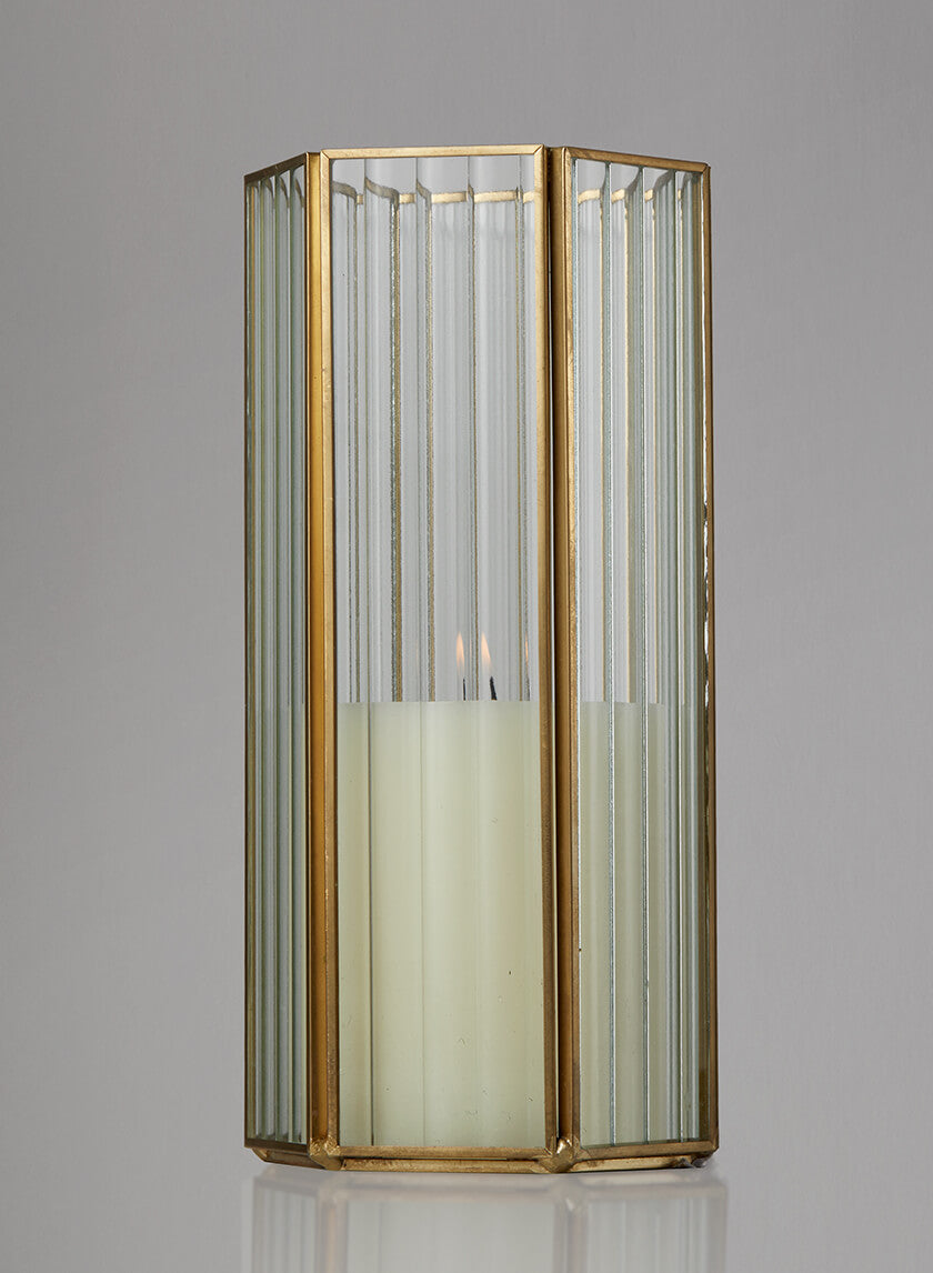 8.75in Tall Striped Glass Gold Hexagon Hurricane Decor Jamali-garden