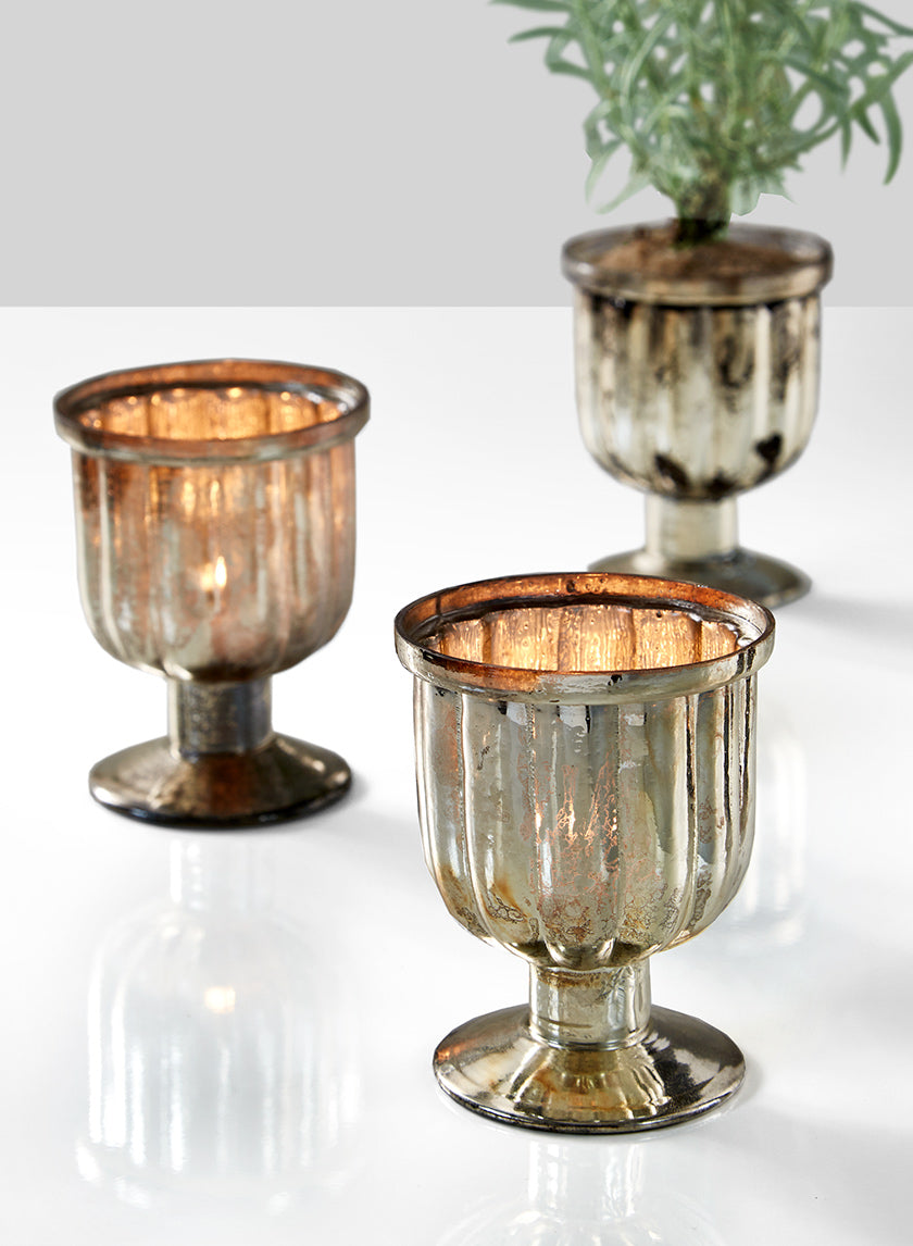 4.25in Tall Vintage Mercury Glass Pedestal Votive, Set of 6 Decor Jamali-garden
