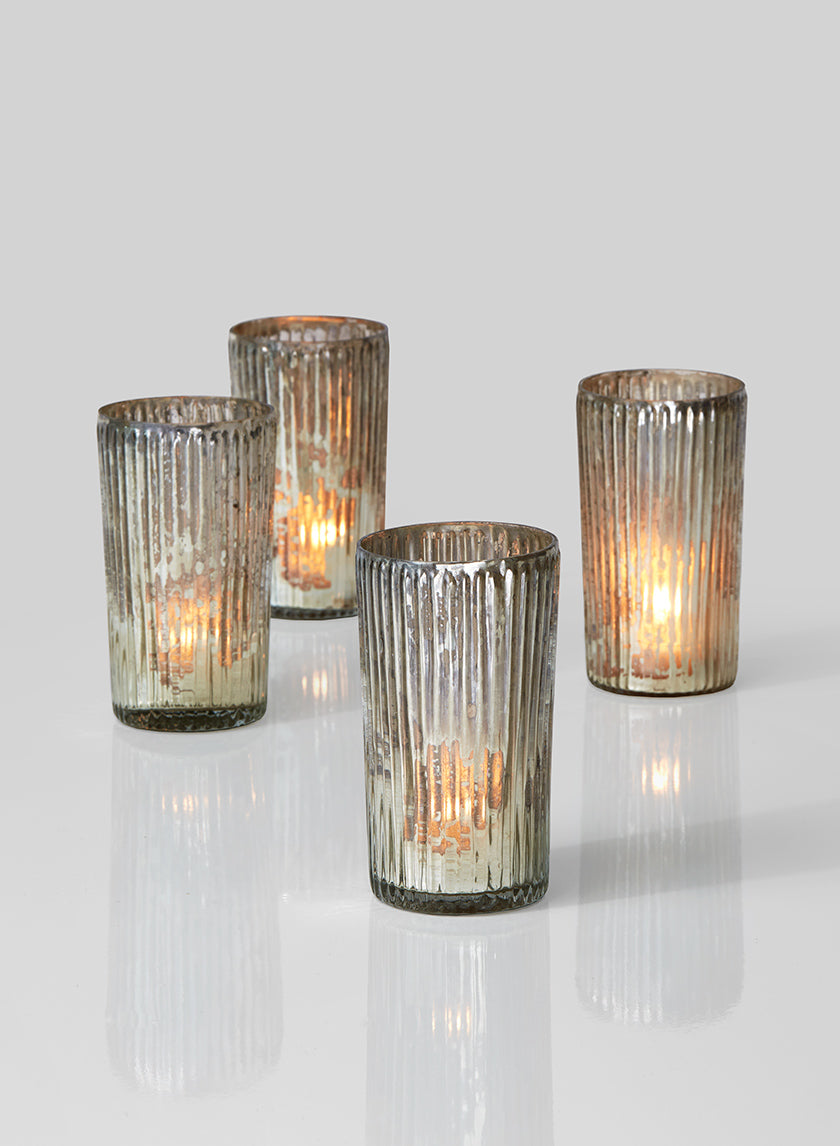5in Tall Ribbed Antique Silver Glass Votive Holder Decor Jamali-garden