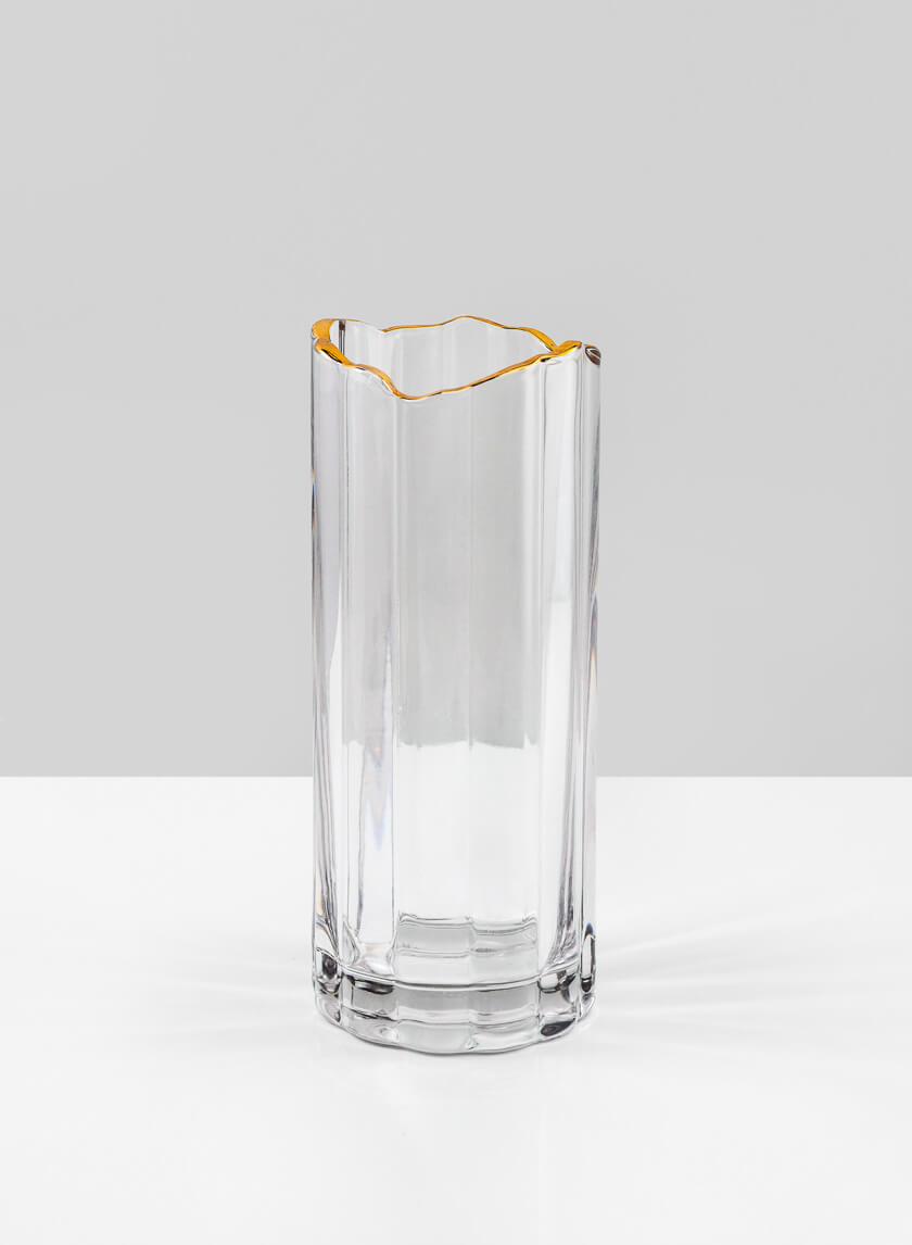 9.5in Tall Waves Gold Rim Faceted Glass Vase Decor Jamali-garden