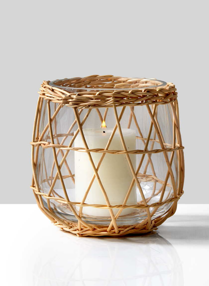 7in Tall Hanoi Market Wicker &amp; Glass Candleholder Decor Jamali-garden