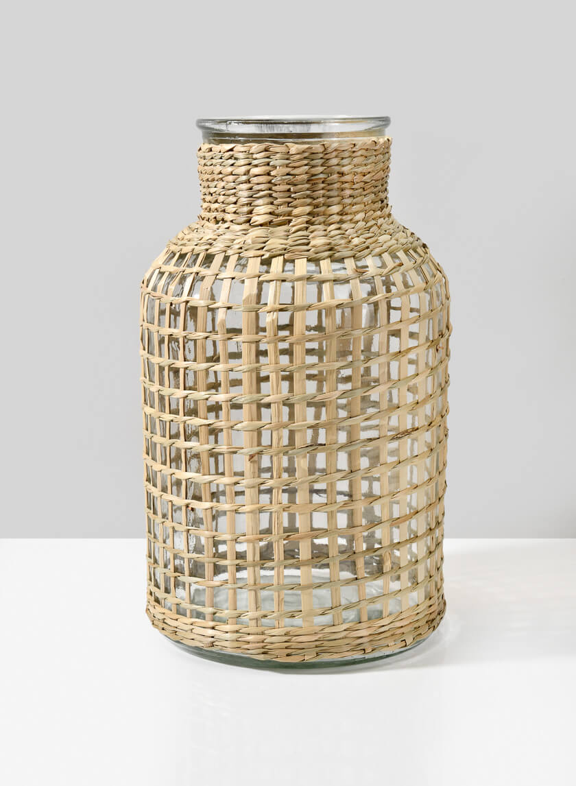 12.5in Tall Los Cabos Rattan Glass Vase, Large Decor Jamali-garden