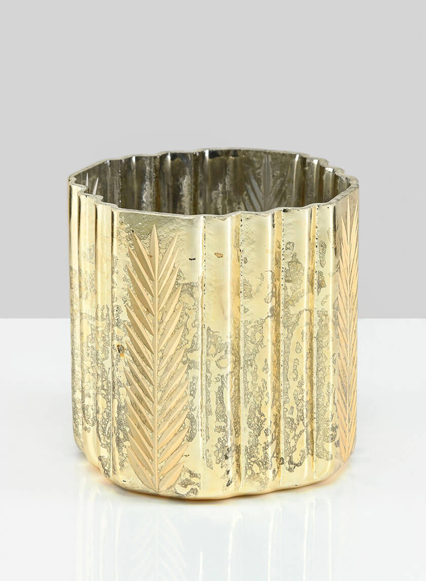 4in Tall Louvres Gold Leaf Etched Glass Candle Holder Decor Jamali-garden