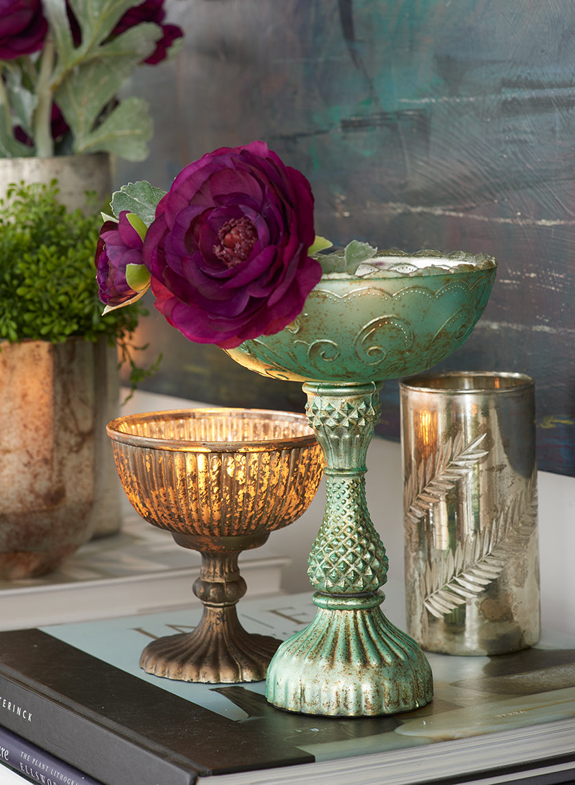 Antique Gold &amp; Silver Glass Pedestal Flower Compote Decor Jamali-garden
