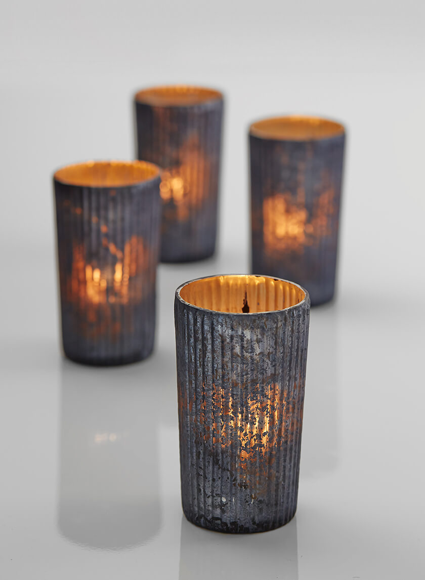 5in Tall Platinum Ribbed Glass Votive Holder Decor Jamali-garden
