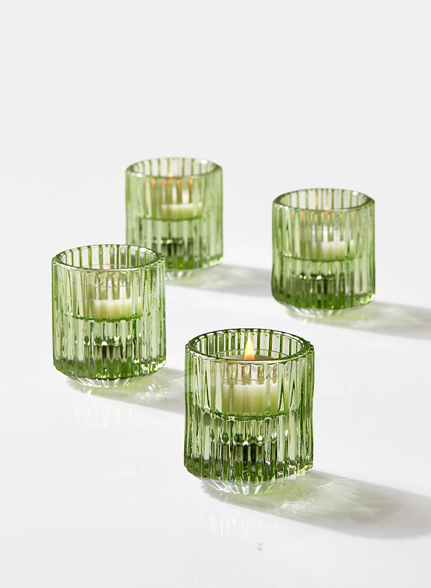 2.25in Tall Green Pleated Glass Tea Light Holder Decor Jamali-garden