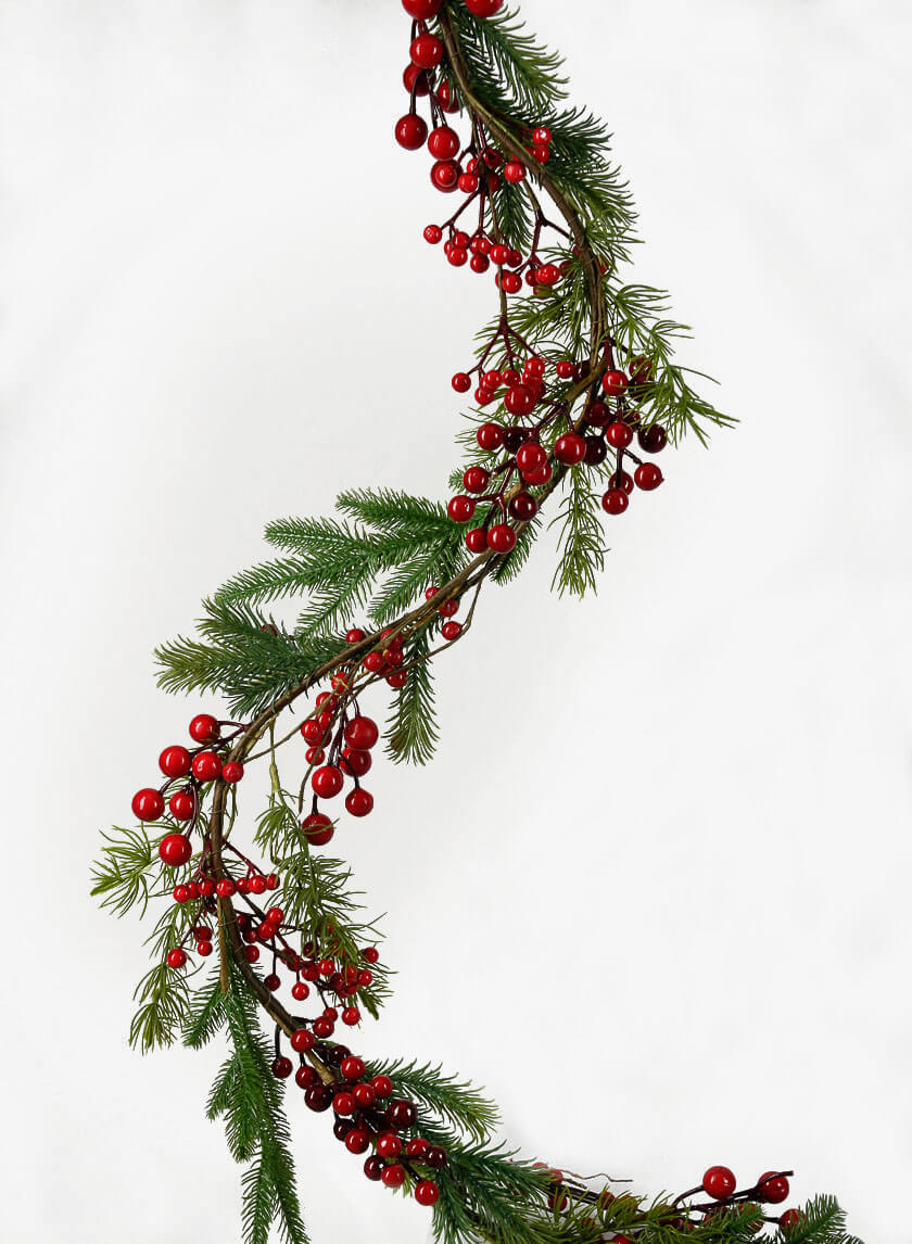 56in Long Pine Garland with Red Berries Decor Jamali-garden