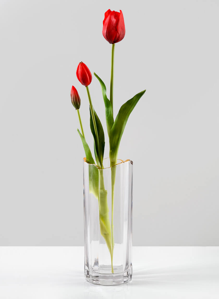 9.5in Tall Waves Gold Rim Faceted Glass Vase Decor Jamali-garden