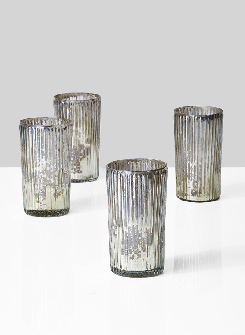 5in Tall Ribbed Antique Silver Glass Votive Holder Decor Jamali-garden