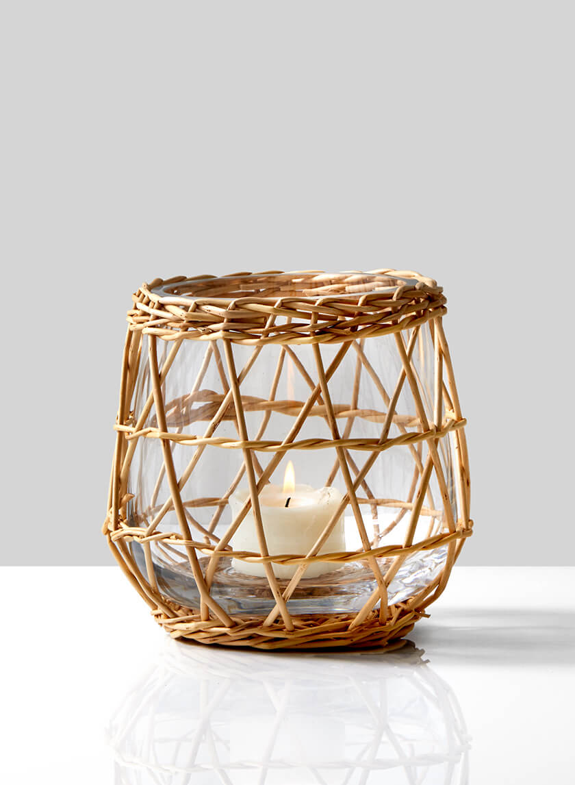 6in Tall Hanoi Market Wicker &amp; Glass Candleholder Decor Jamali-garden