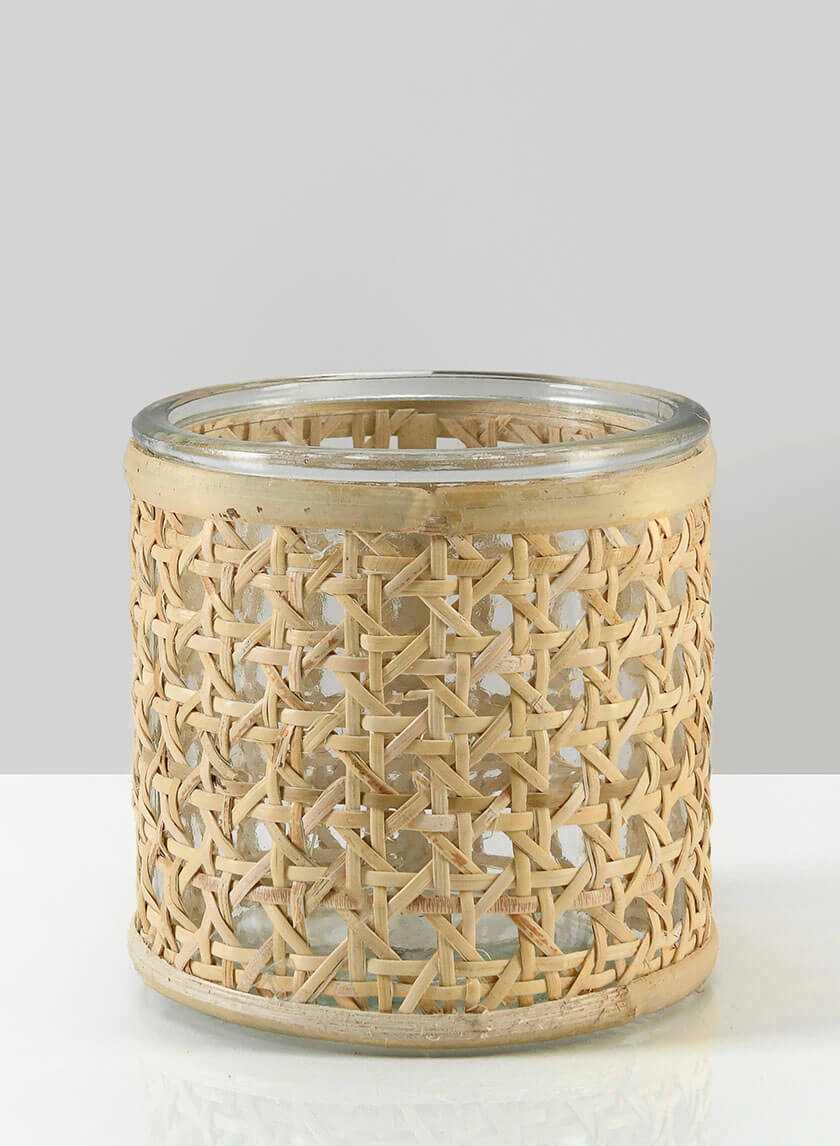 4in Tall Siam Rattan Weave Glass Candleholder Decor Jamali-garden