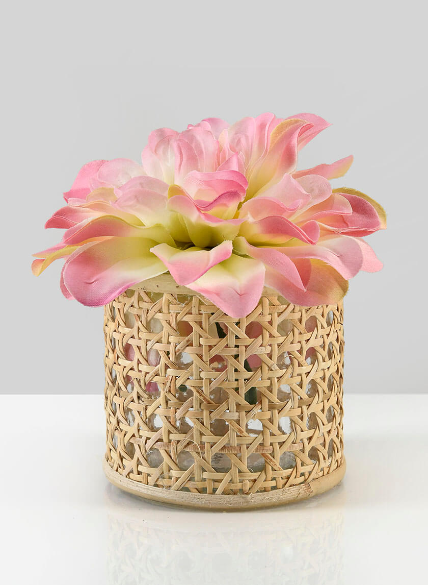 4in Tall Siam Rattan Weave Glass Candleholder Decor Jamali-garden
