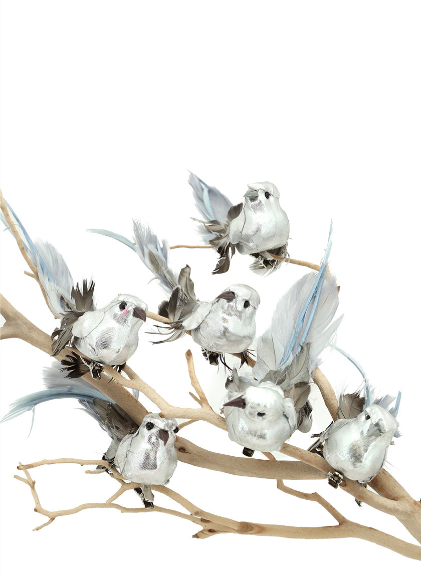 6in Silver Foil &amp; Feather Bird With Clip Decor Jamali-garden