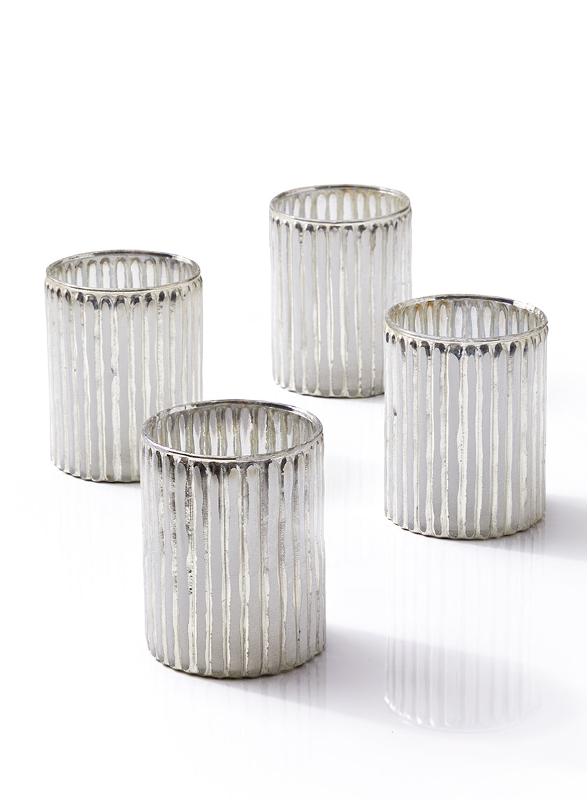 4in Tall Silver Corrugated Glass Votive Holder Decor Jamali-garden