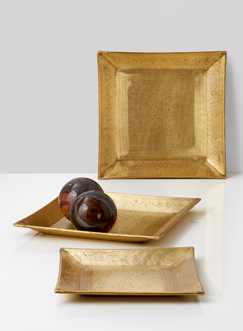 10in &amp; 12 ½in Square Antique Brass Trays Decor Jamali-garden