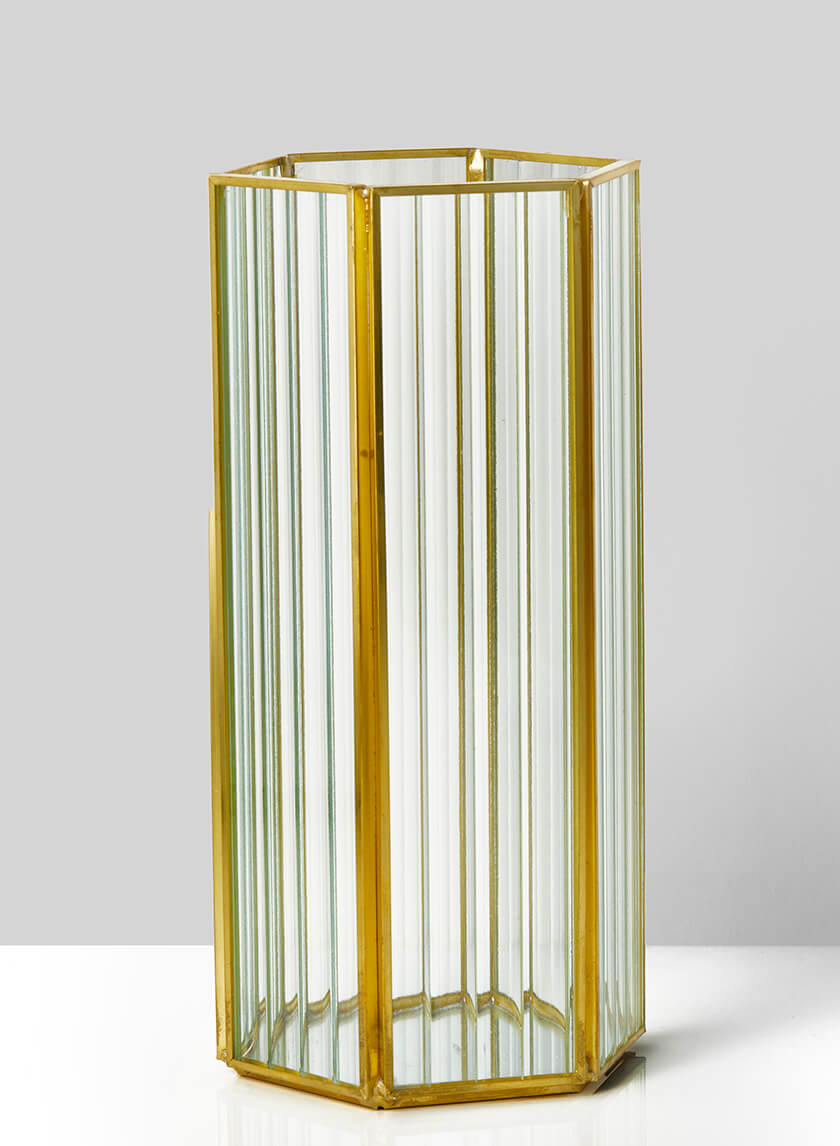 8.75in Tall Striped Glass Gold Hexagon Hurricane Decor Jamali-garden
