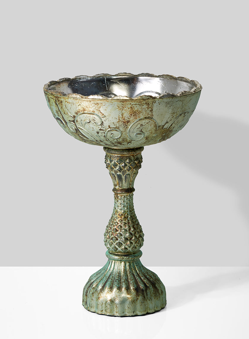8.75in Tall Verdigris Shallow Glass Pedestal Bowl Decor Jamali-garden