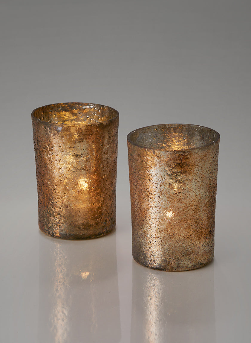 4in Tall Vintage Bronze &amp; Silver Glass Votive Decor Jamali-garden