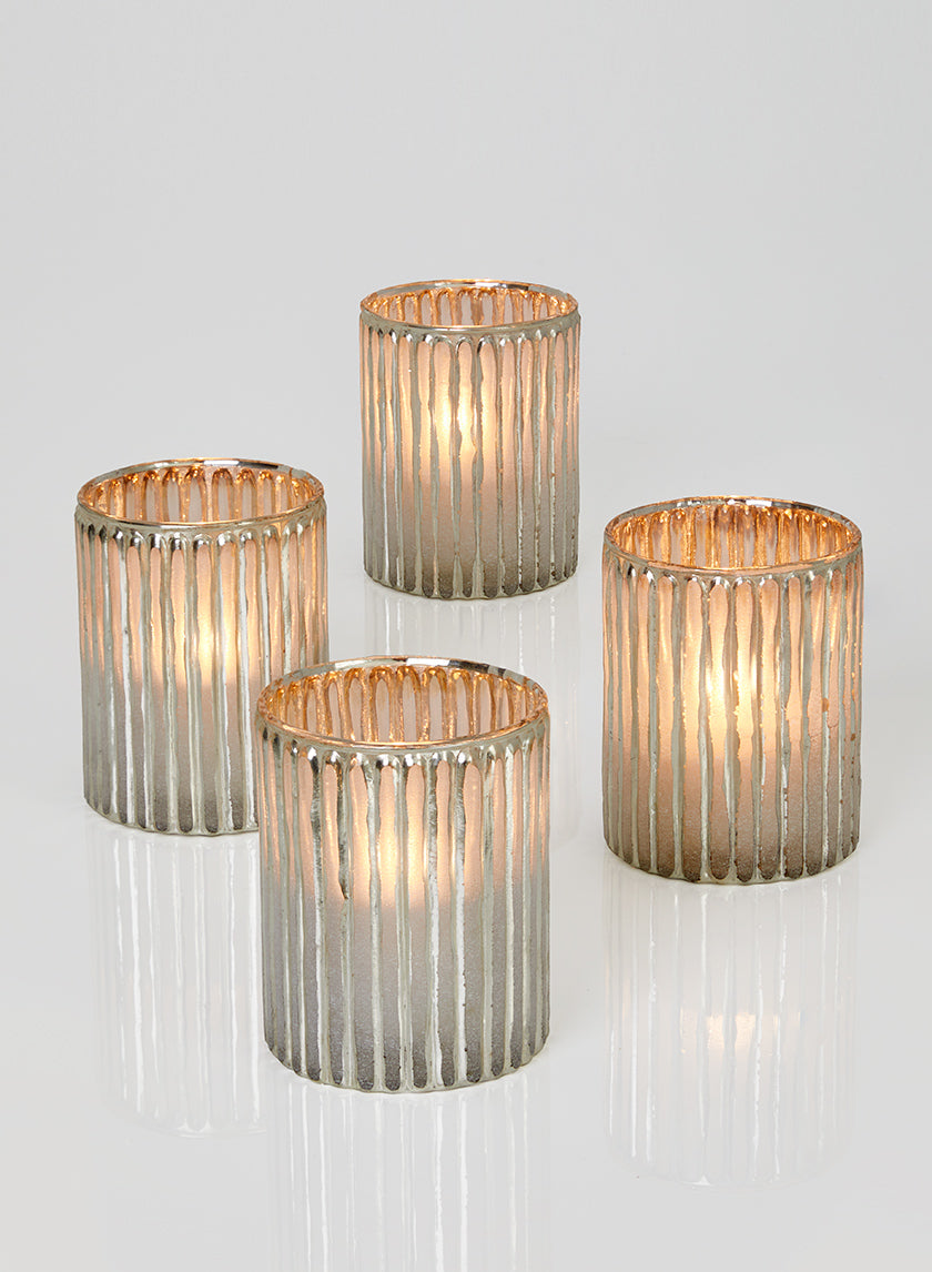 4in Tall Silver Corrugated Glass Votive Holder Decor Jamali-garden