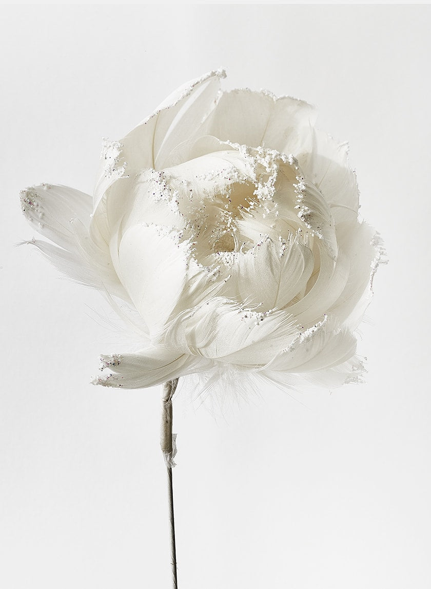 18in Long Glittered White Feather Opening Peony Decor Jamali-garden