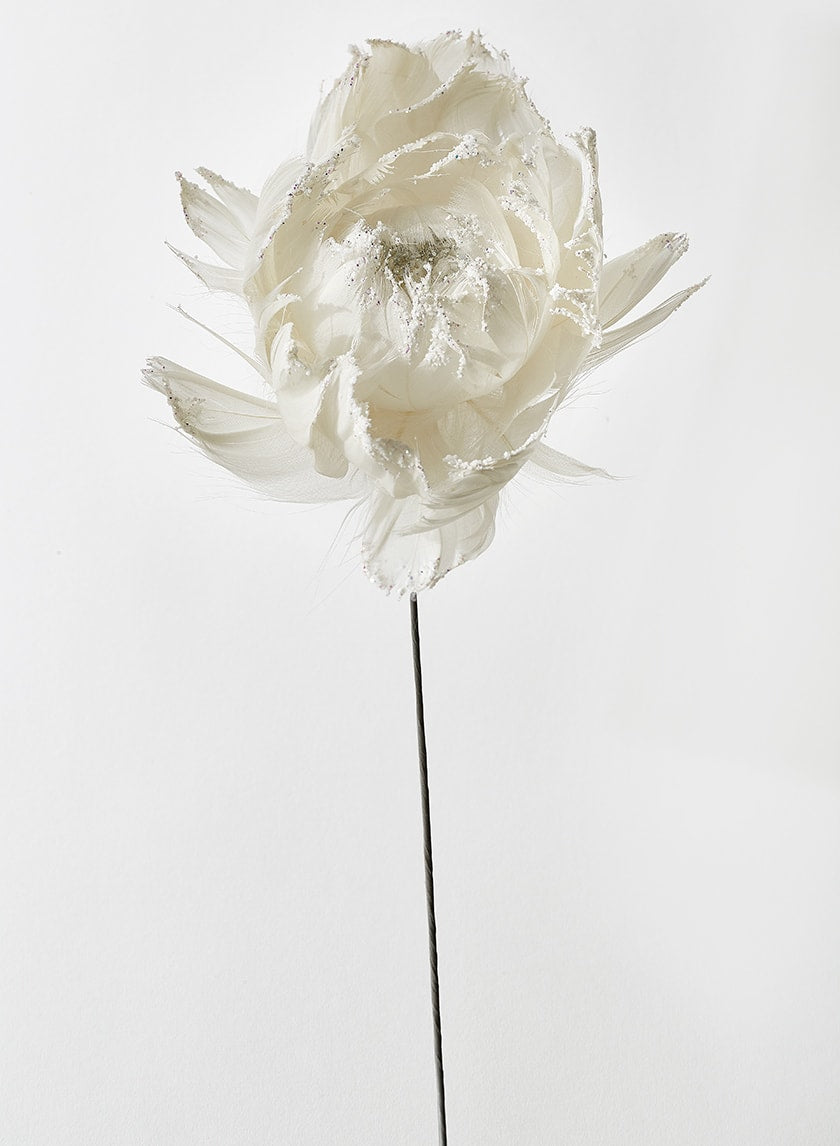 18in Glittered White Feather Open Peony Decor Jamali-garden