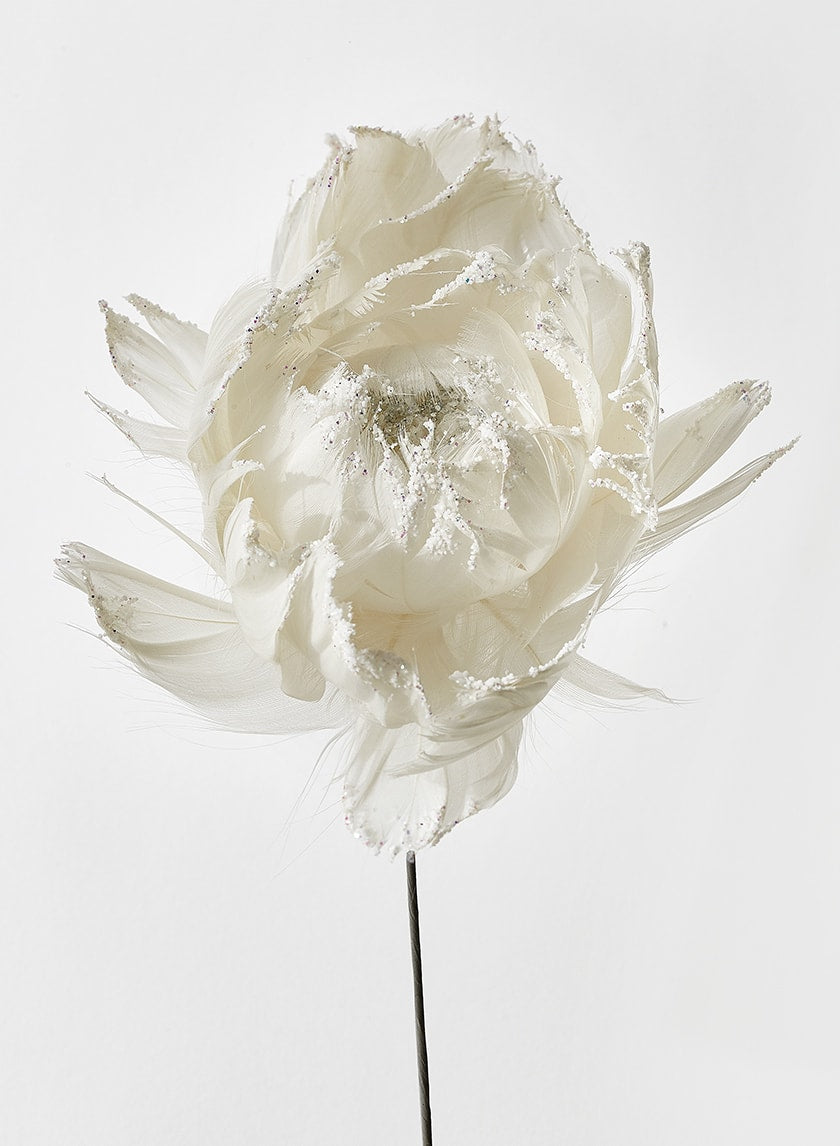 18in Glittered White Feather Open Peony Decor Jamali-garden