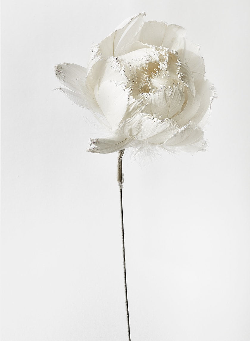18in Long Glittered White Feather Opening Peony Decor Jamali-garden