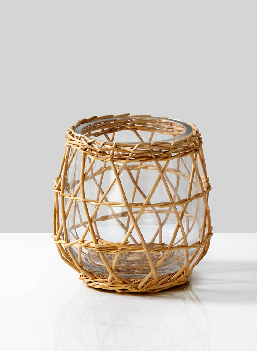 6in Tall Hanoi Market Wicker &amp; Glass Candleholder Decor Jamali-garden